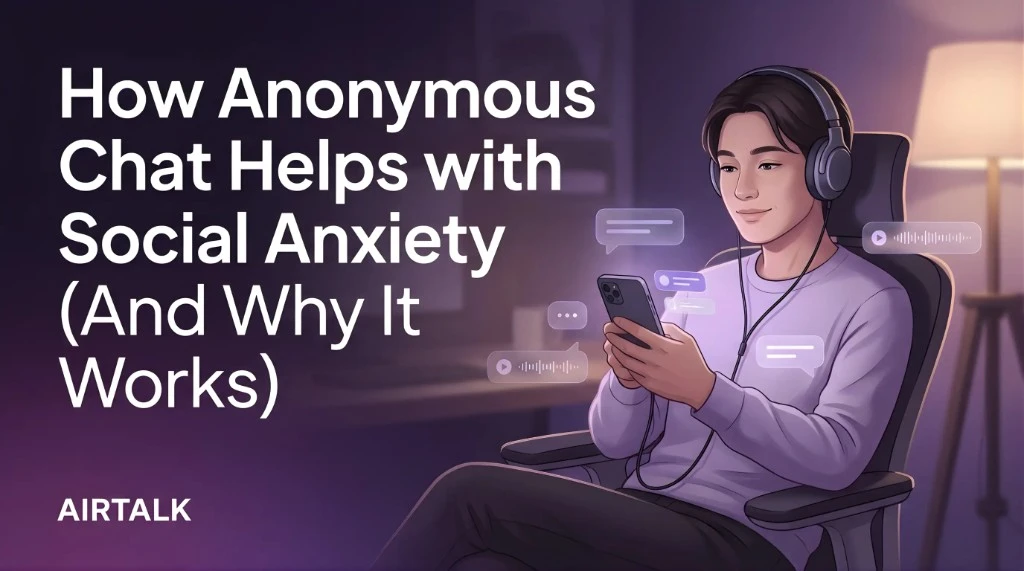 Person wearing headphones using an anonymous chat app on their phone AirTALK