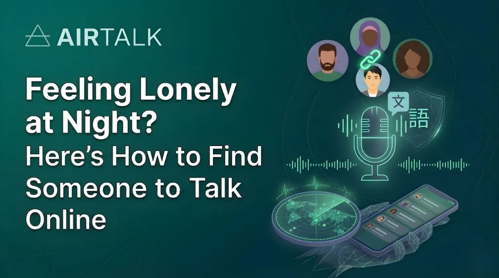 Feeling Lonely at Night - How to Find Someone to Talk To Online with microphone and global connection illustrations